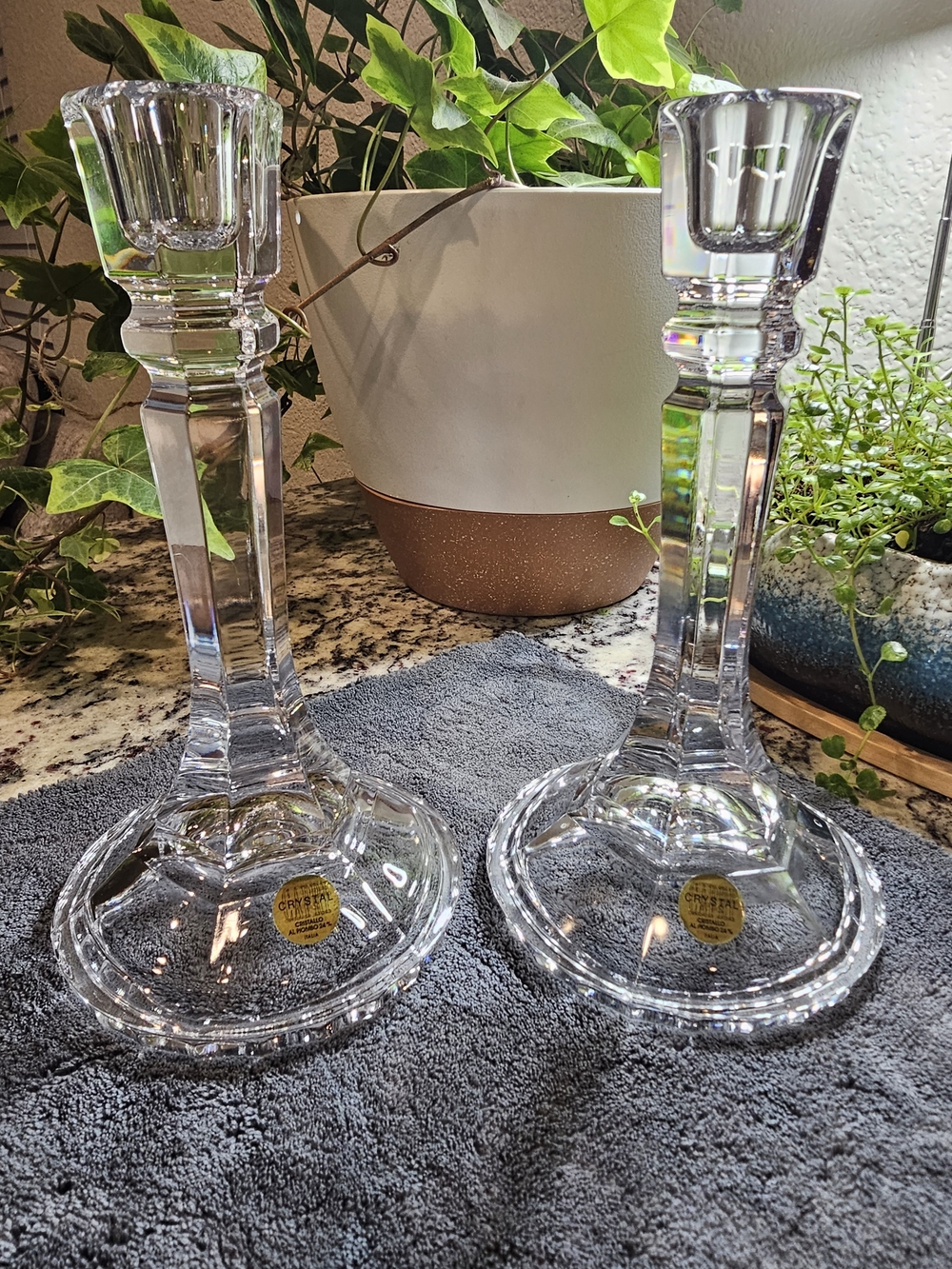 Beautiful Pair of Vintage 24% Italian Lead Crystal Taper Candlestick Holders